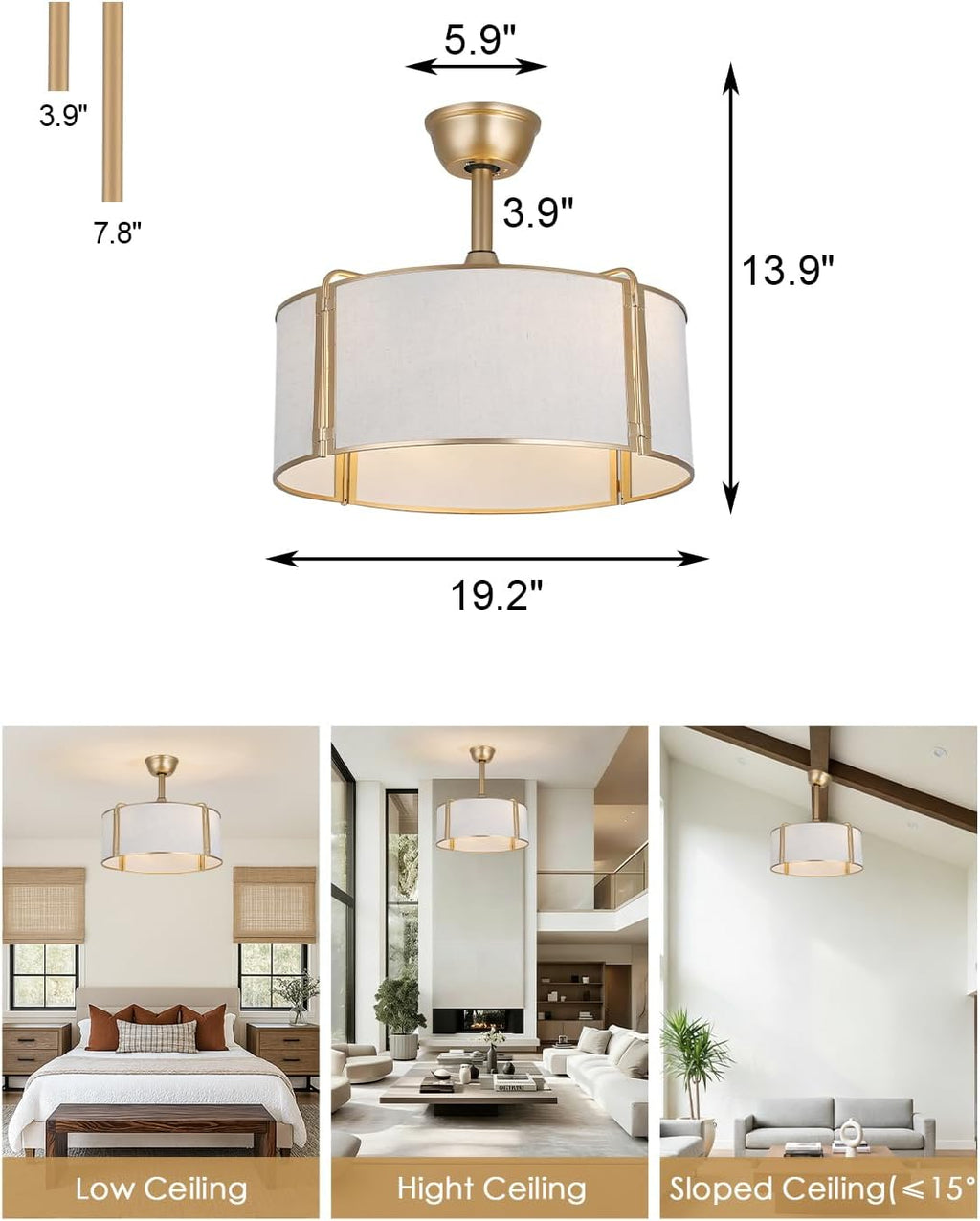 20' Gold Caged Boho Fandelier Ceiling Fan with Light, Bladeless Flush Mount Chandelier Fan with Remote Control, 6 Speeds Quiet Reversible Motor for Bedroom, Nursery, Foyer, Dining Room, Living Room
