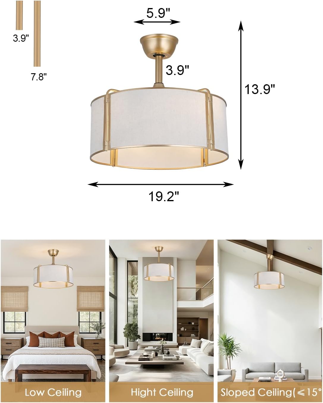 20' Gold Caged Boho Fandelier Ceiling Fan with Light, Bladeless Flush Mount Chandelier Fan with Remote Control, 6 Speeds Quiet Reversible Motor for Bedroom, Nursery, Foyer, Dining Room, Living Room