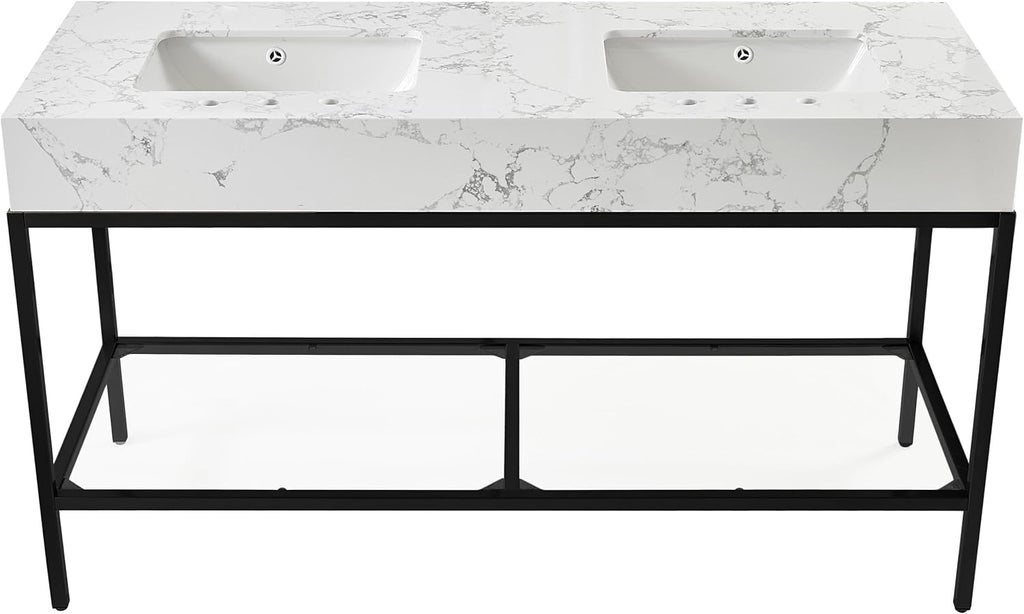 Meridian Furniture 407White-60 Marmo Collection Modern | Contemporary Bathroom Vanity with White Engineered Stone with Grey Veining, Matte Black Metal Base, 60' W x 23' D x 34' H, White