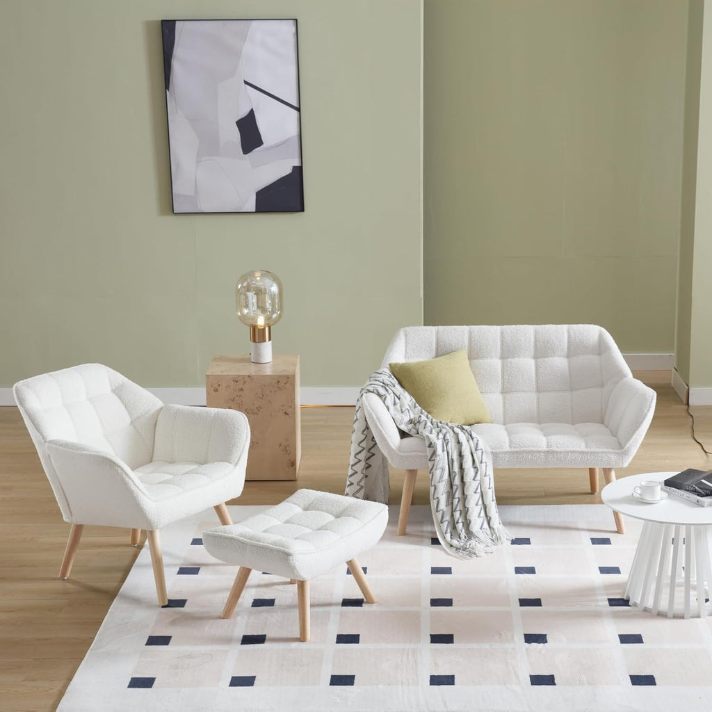 48'Small Loveseat Sofa, Modern Sherpa Upholstered Mini Couch 2-Seater Fluffy Love Seat with Quilting Backs and Wood Legs for Living Room, Bedroom and Small Space, White