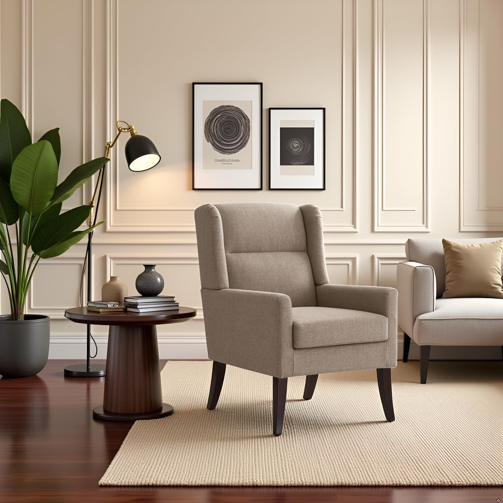Zihanhome High Back Accent Chair, Fabric Living Room Chairs, Comfy Upholstered Armchair with Wooden Legs for Living Room, Bedroom, Apartment (1, Brown)