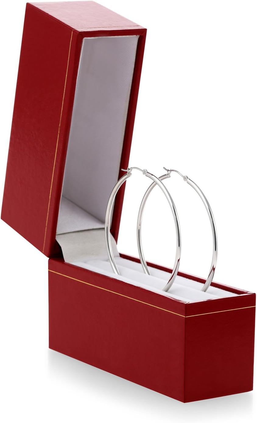 Classic 10K White Gold Hoop Earrings - Shiny Polished Plain Round Gold Hoops for Women and Men