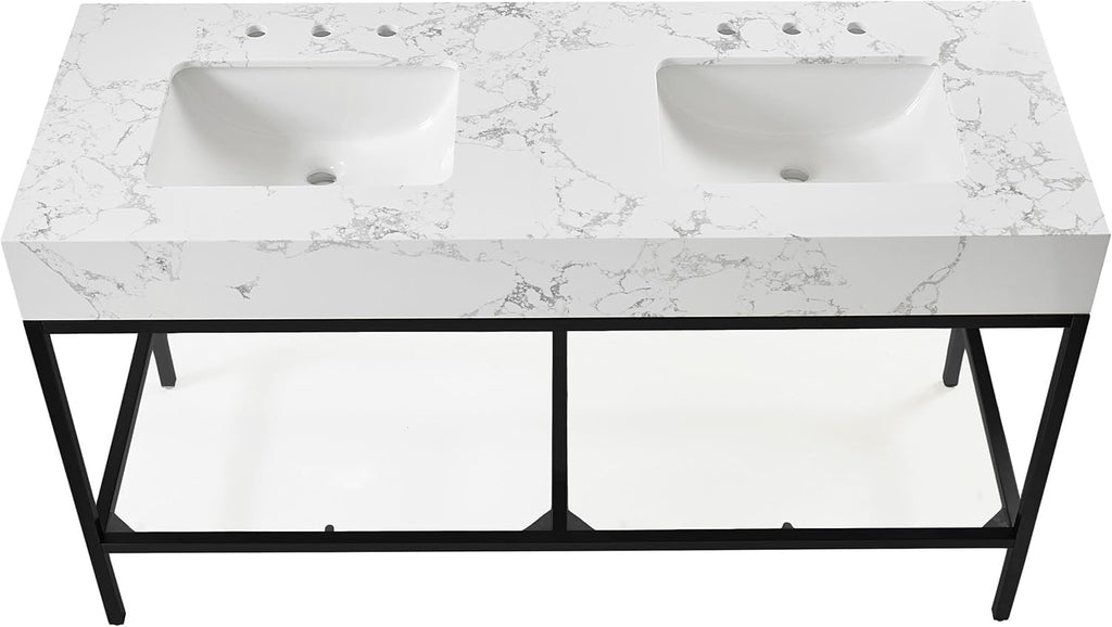 Meridian Furniture 407White-60 Marmo Collection Modern | Contemporary Bathroom Vanity with White Engineered Stone with Grey Veining, Matte Black Metal Base, 60' W x 23' D x 34' H, White