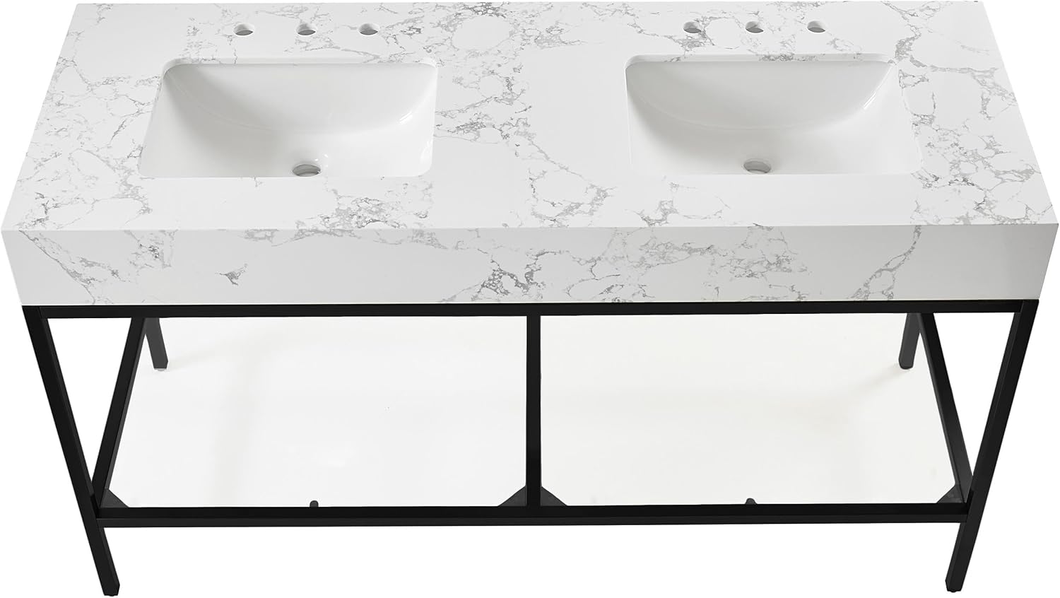 Meridian Furniture 407White-60 Marmo Collection Modern | Contemporary Bathroom Vanity with White Engineered Stone with Grey Veining, Matte Black Metal Base, 60' W x 23' D x 34' H, White
