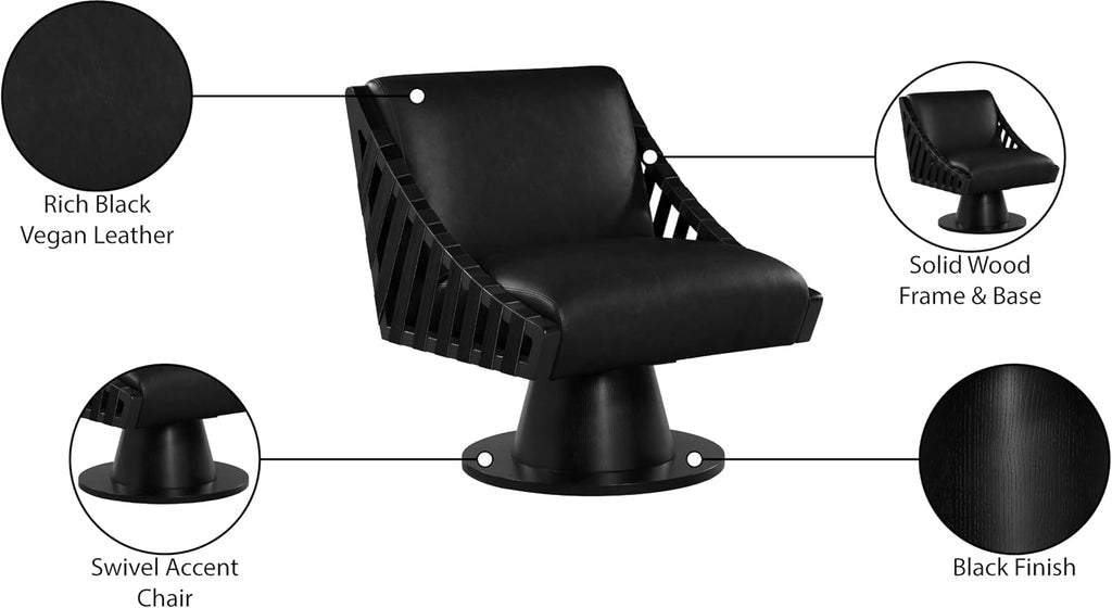 Meridian Furniture 33002Black Millwin Collection Art Deco Swivel Accent Chair with Rich Black Vegan Leather, Black Finish, Solid Wood Frame and Base, 28' W x 30' D x 32.5' H, Black