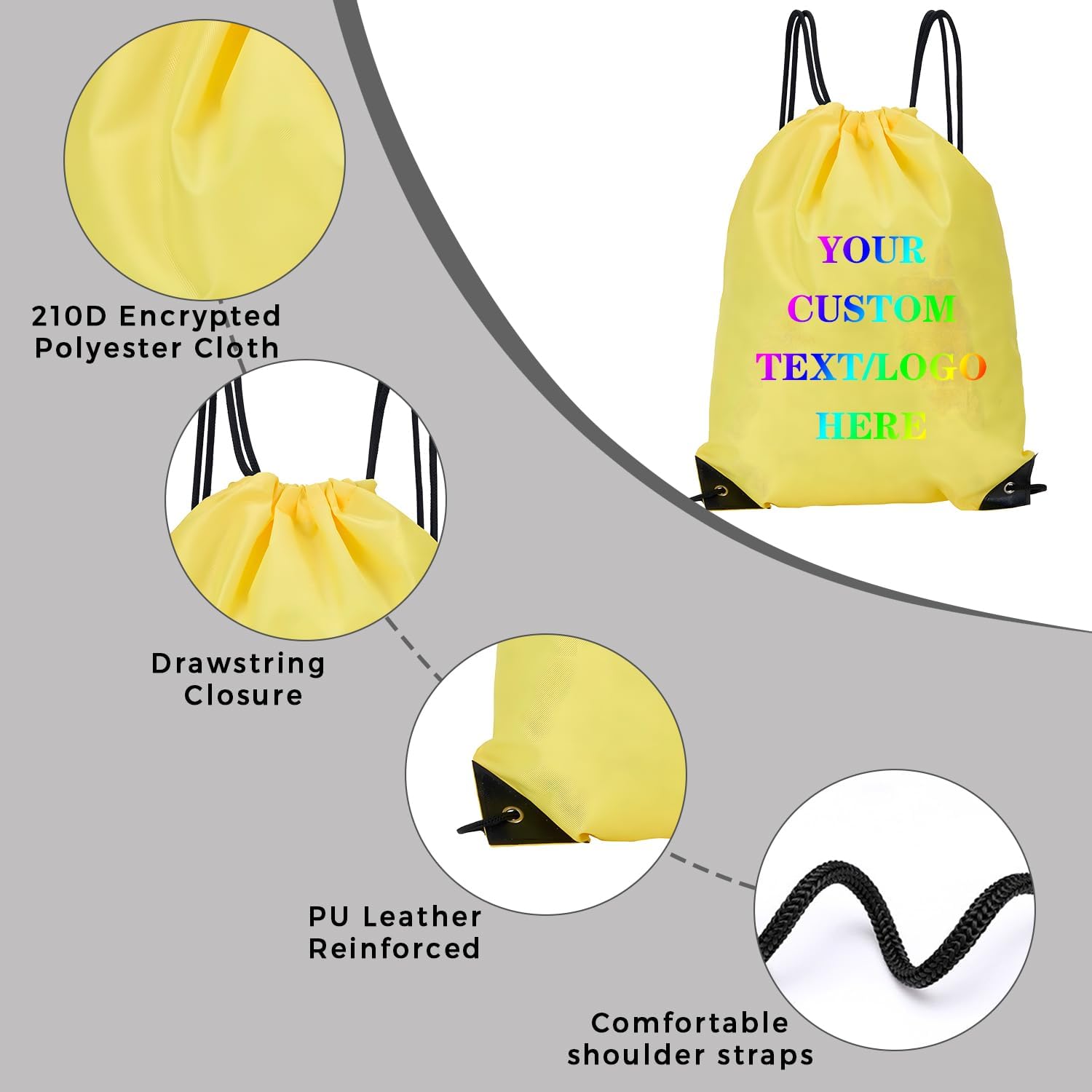 Custom Bags With Your Logo Set of 100 Custom Backpack Draw String Bags Pack Bulk for Travelling Swimming Gym Everyday Use (Yellow)