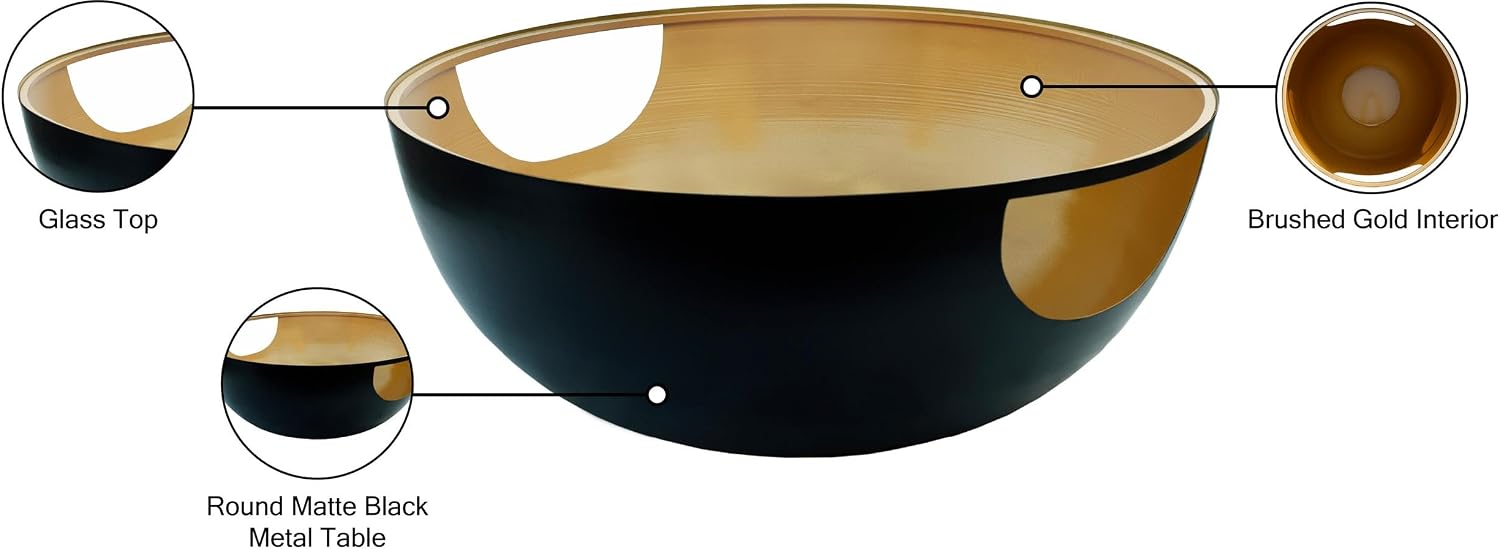 Meridian Furniture 286-CT DOMA Collection Glass Top Matte Black Metal Coffee Table with Brushed Gold Interior, 32' W x 32' D x 15' H