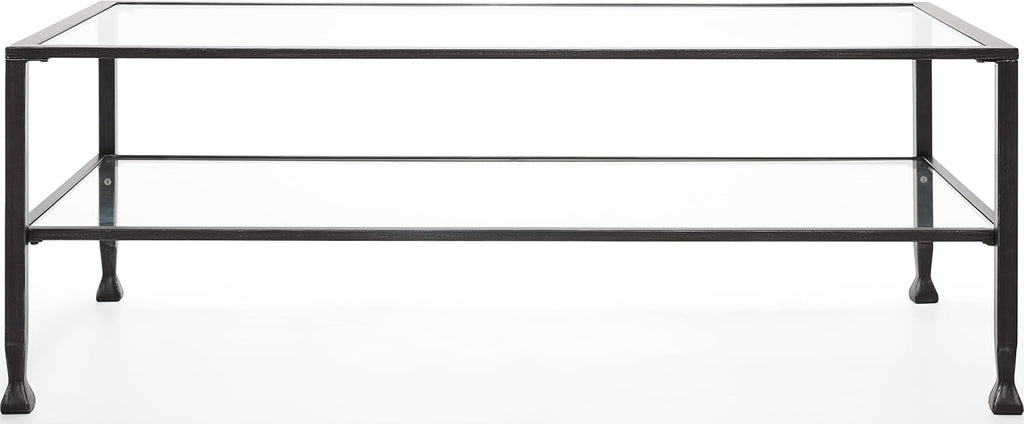 ClickDecor Maddox 2-Tier Tempered Glass Coffee Table with Metal Frame, Console, Living Room Accent Furniture, Rectangular Top with Storage Shelf, Easy Assembly, 48 Inch, Black