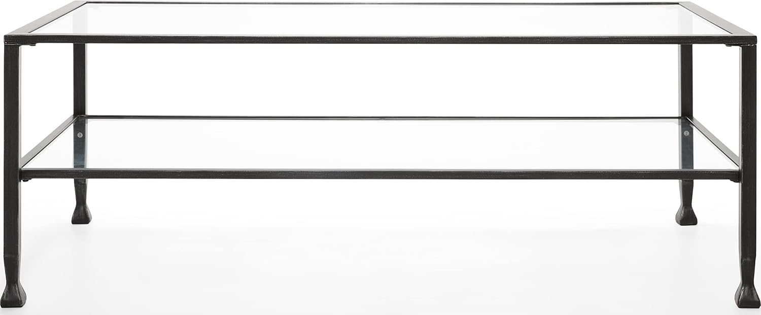 ClickDecor Maddox 2-Tier Tempered Glass Coffee Table with Metal Frame, Console, Living Room Accent Furniture, Rectangular Top with Storage Shelf, Easy Assembly, 48 Inch, Black