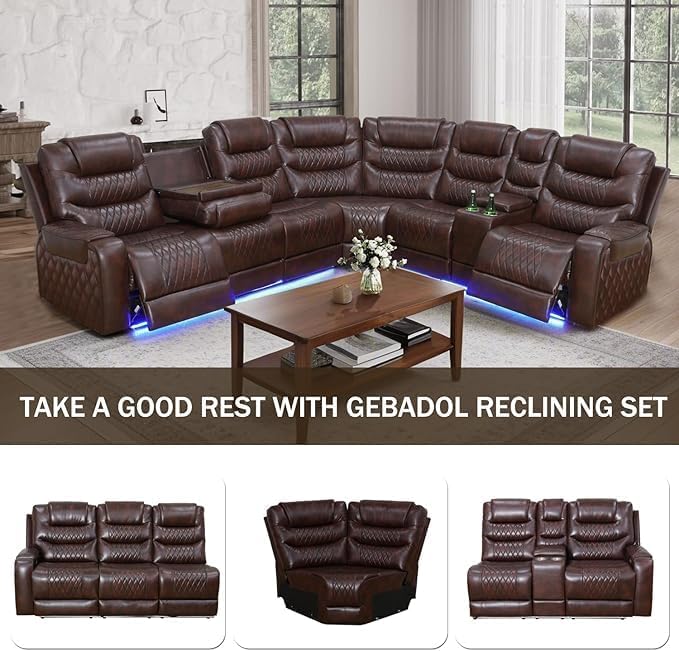 Living Room Furniture Set, Power Reclining Sofa Set, Air Leather Recliners with Built-in USB Ports and Storage Console, LED Reclining Couch Set for Living Room (Wine, Sectional)
