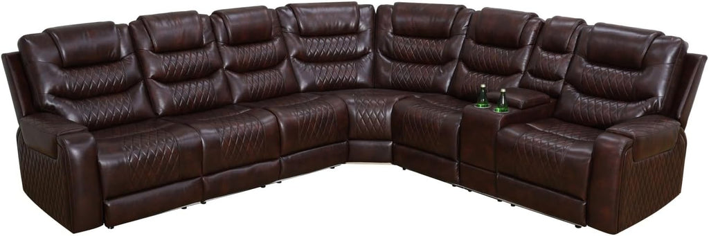 Reclining Sectional, Power Sectional Couch, Leather Sofa Set for Living Room, Comfy Home Theater Seating with USB 2.0 Charging Ports, LED Light Strips, Fold-Down Table & Cupholders (Brown, 3-Piece)