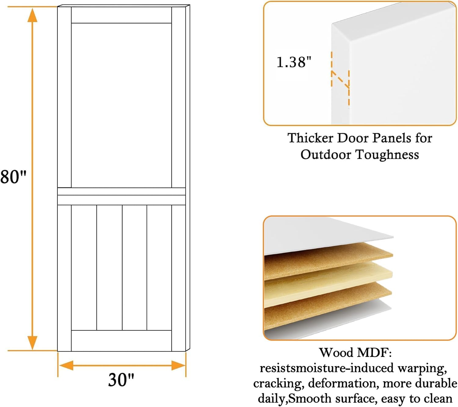 30'x 80' Pantry Door, Pre-Assembled Dutch Door Slab, French Interior White Solid Wood Core with Clear Glass Panel, 4 Hinges & Latch Included, Pocket Barn Doors for Living Room, Closet & Back Porch
