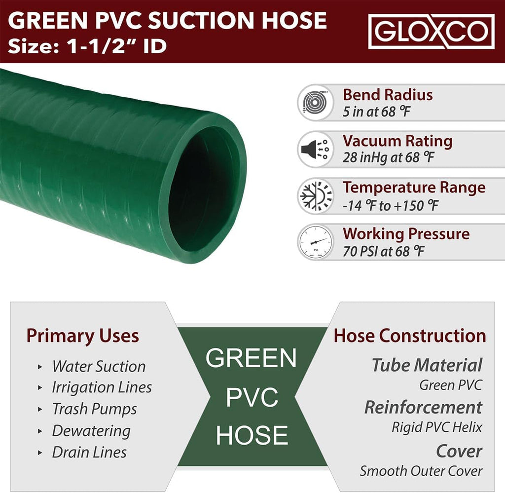 Gloxco Heavy Duty Green PVC Suction Hose Assembly for Water Transfer, 1-1/2' Inside Diameter, Installed Male x Female Cam and Groove Fittings, 33 ft Length