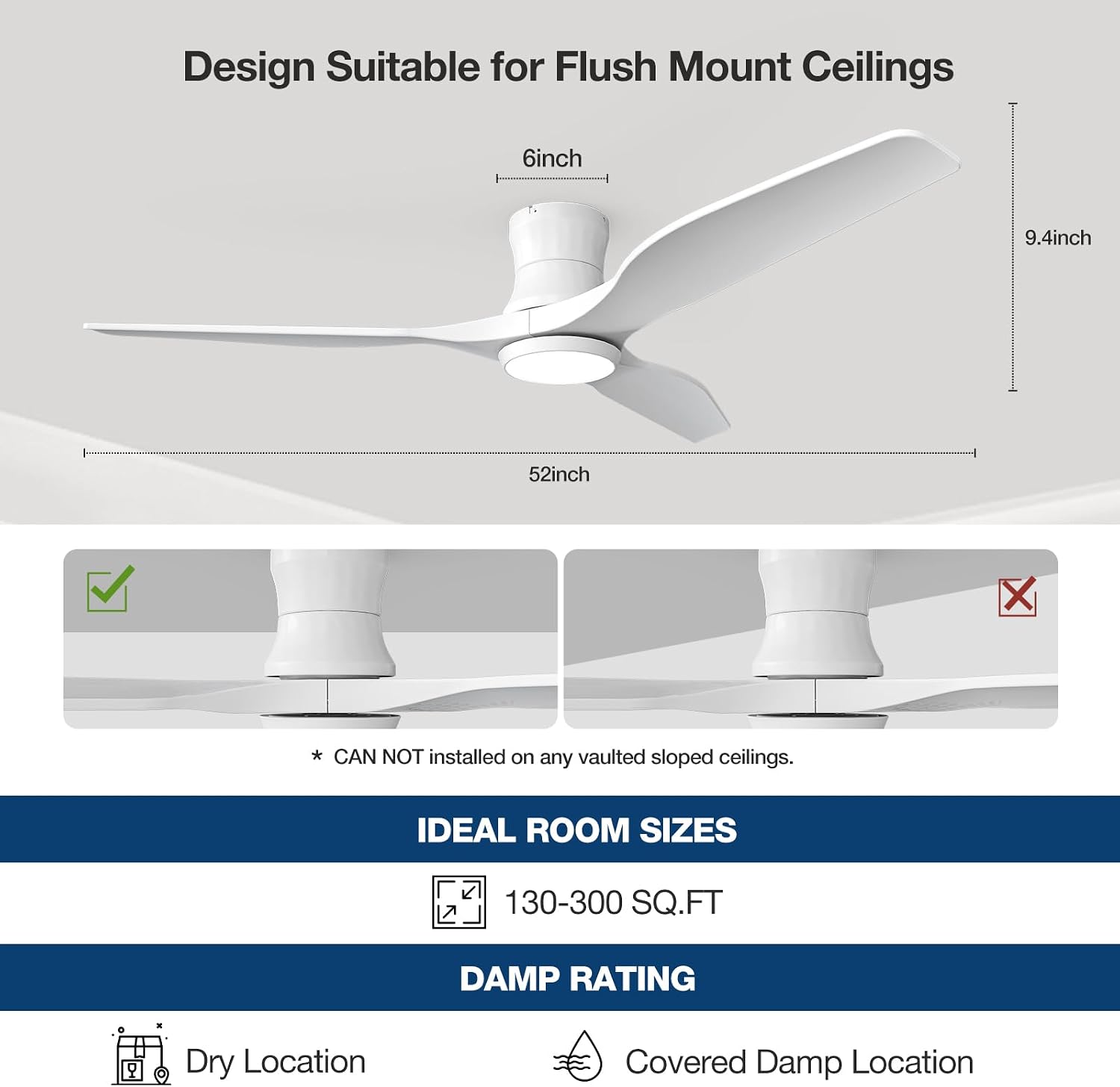 Smart 52' Wood Flush Mount Ceiling Fan with Remote Control, White | Quiet DC Motor, WiFi Alexa Voice Control, High CFM Dimmable LED, Low Profile, Reversible, 6 Speeds Adjustment, Time Setting