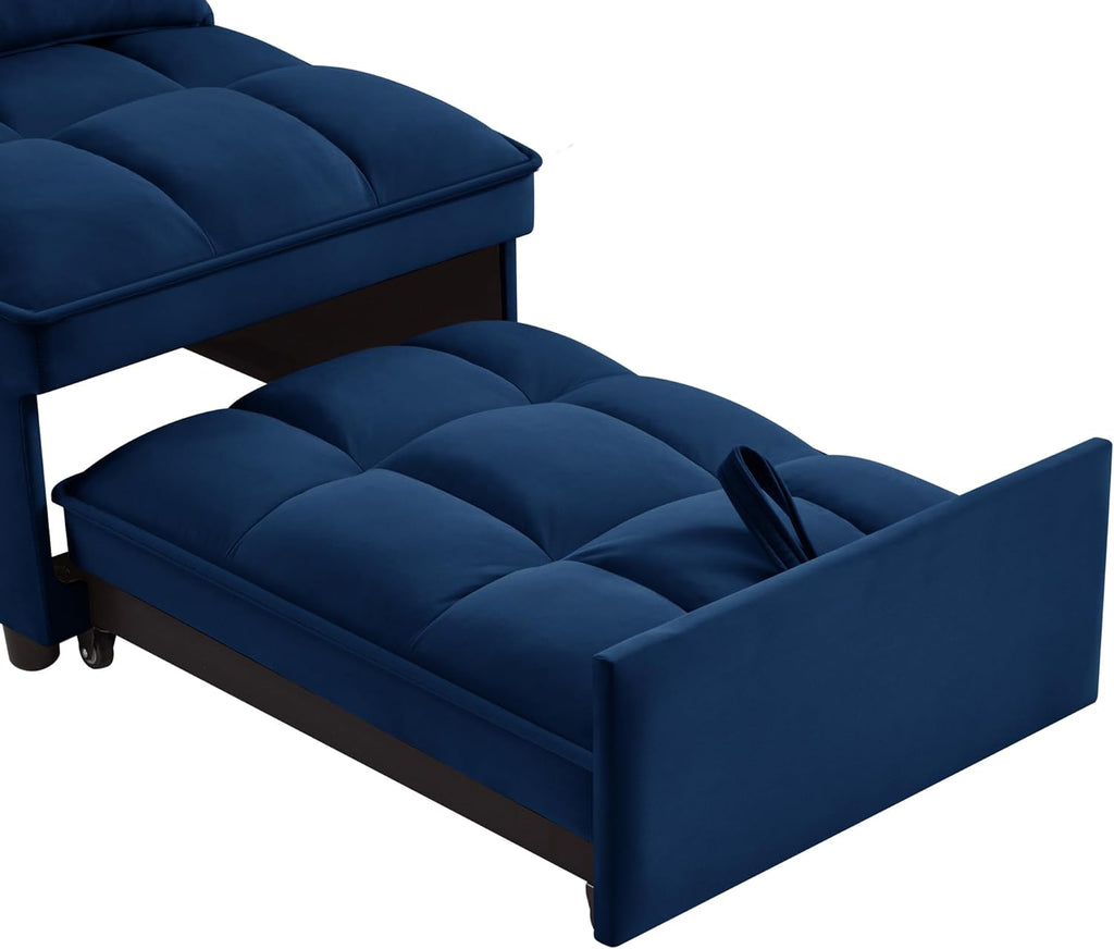 3 in 1 Convertible Sleeper Sofa Chair, Velvet Tufted Single Pull Out Couch Bed with Adjustable Backrest and Pillow, Multi-Function Chaise Lounge with Pockets, for Livingroom, Home Office,Navy