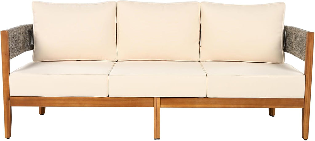 Christopher Knight Home Rekker Patio Acacia Wood 3-Seater Sofa, Patio Furniture Set 3-Seater Outdoor Sofa, Tub Design Outdoor Couch with Woven Rope and Removable Cushion,Comfy Reading Chair,Teak+Beige