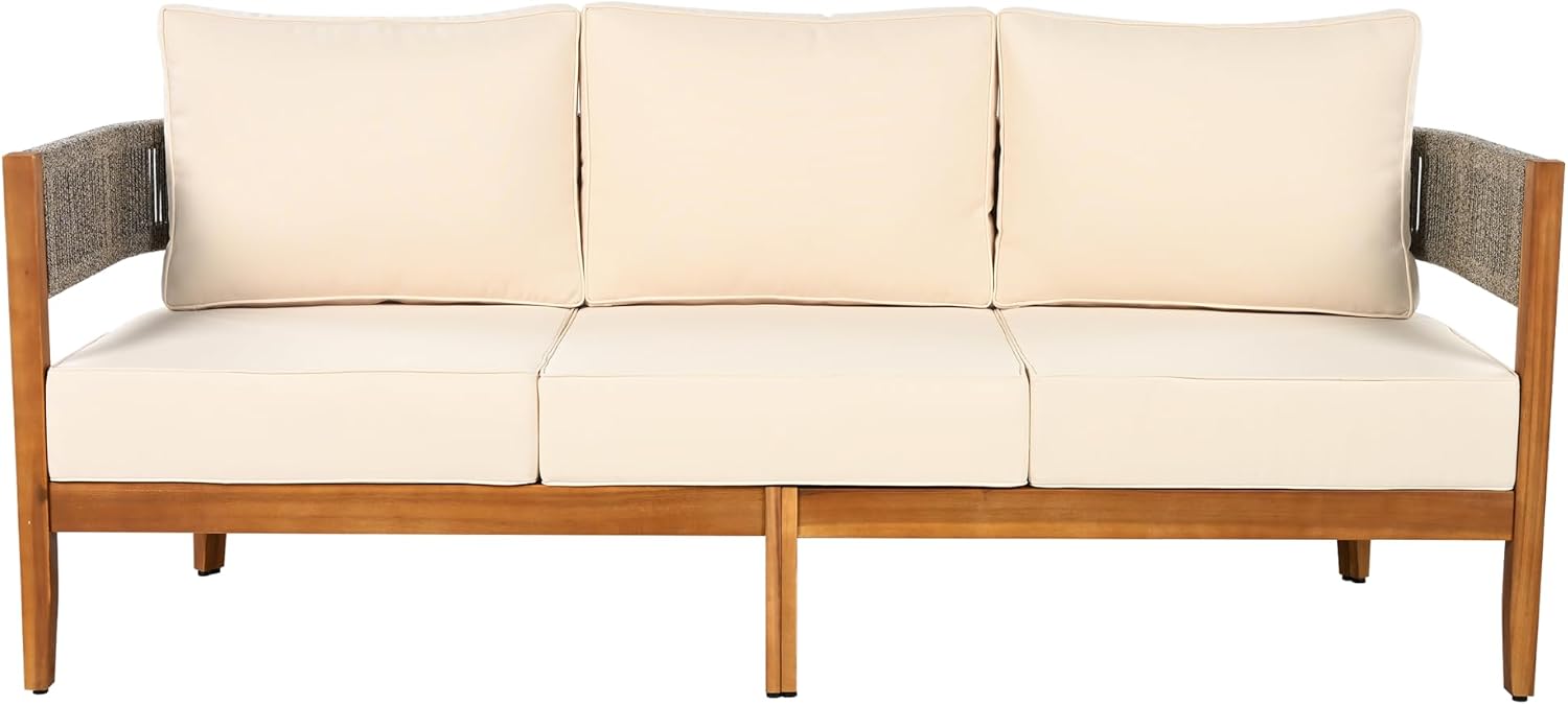 Christopher Knight Home Rekker Patio Acacia Wood 3-Seater Sofa, Patio Furniture Set 3-Seater Outdoor Sofa, Tub Design Outdoor Couch with Woven Rope and Removable Cushion,Comfy Reading Chair,Teak+Beige