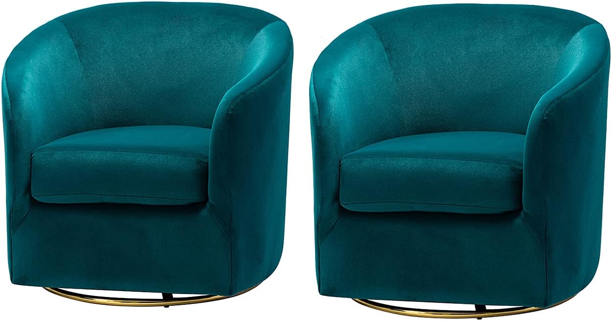 HULALA HOME Swivel Accent Chair with Gold Metal Base, Set of 2 Contemporary Velvet Curved Swivel Barrel Chair, Upholstered Club Armchair, Leisure Single Sofa for Living Room, Nursery, Bedroom(Teal)