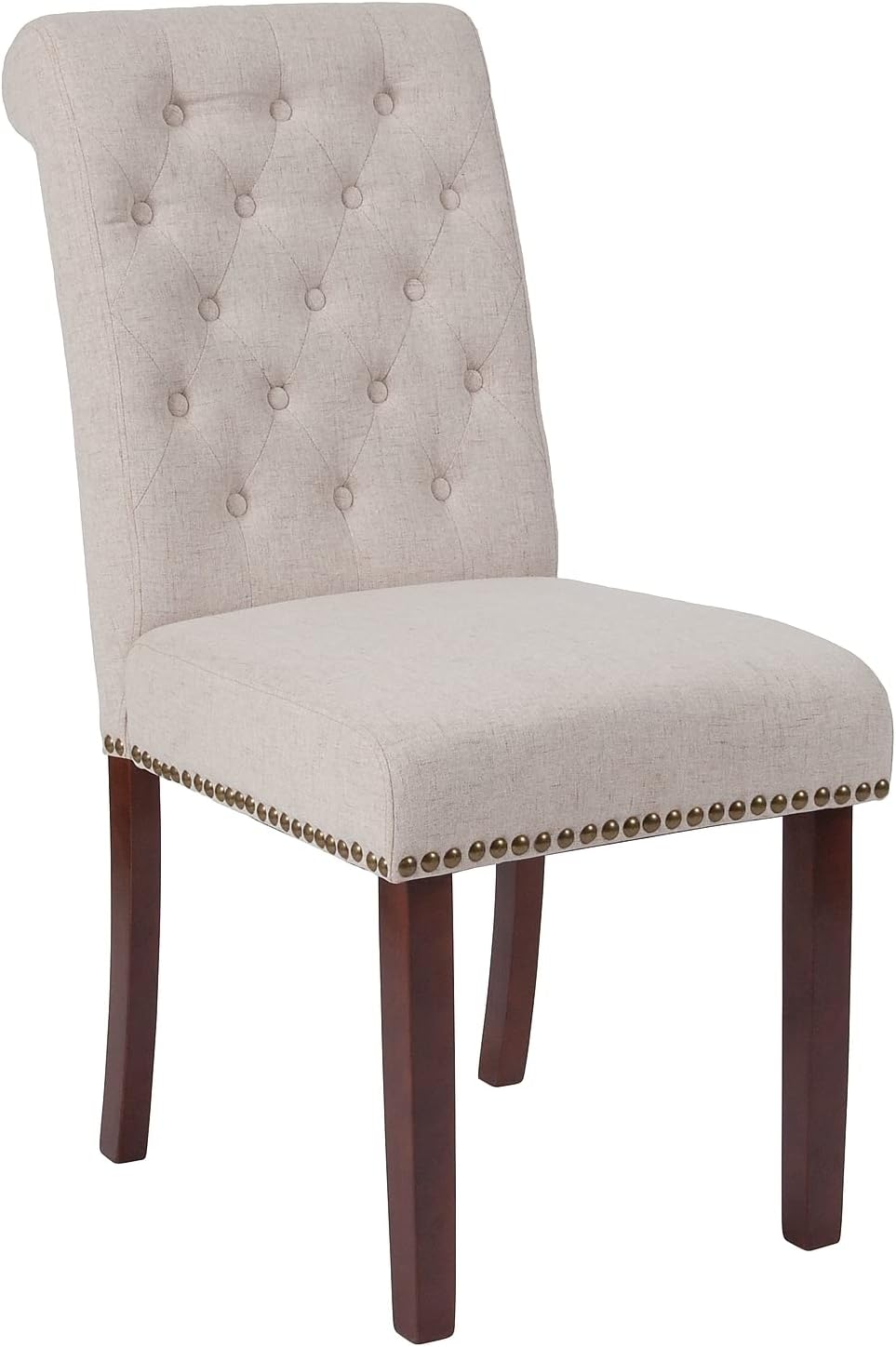 Flash Furniture HERCULES Series Beige Fabric Parsons Chair with Rolled Back, Accent Nail Trim and Walnut Finish