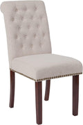Flash Furniture HERCULES Series Beige Fabric Parsons Chair with Rolled Back, Accent Nail Trim and Walnut Finish