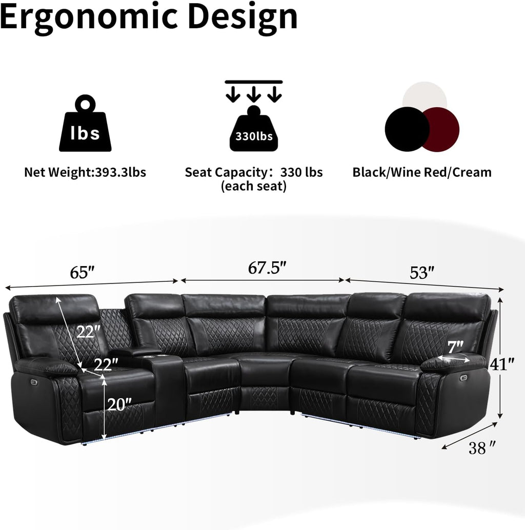 Power Recliner Sofa Sectional Couch with LED Light for Living Room,Leather Reclining Corner Sectional Sofa with 2 Recliner Seats,Cup Holder,Storage Console for House/Home Theater, Black