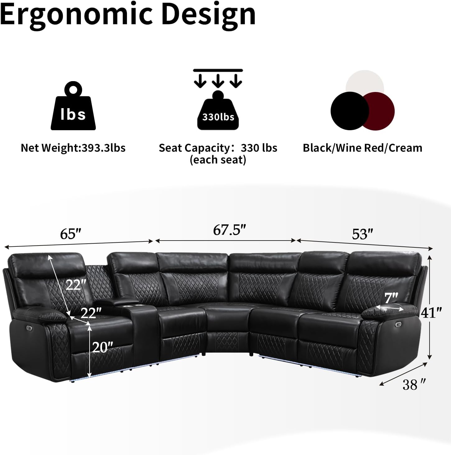 Power Recliner Sofa Sectional Couch with LED Light for Living Room,Leather Reclining Corner Sectional Sofa with 2 Recliner Seats,Cup Holder,Storage Console for House/Home Theater, Black
