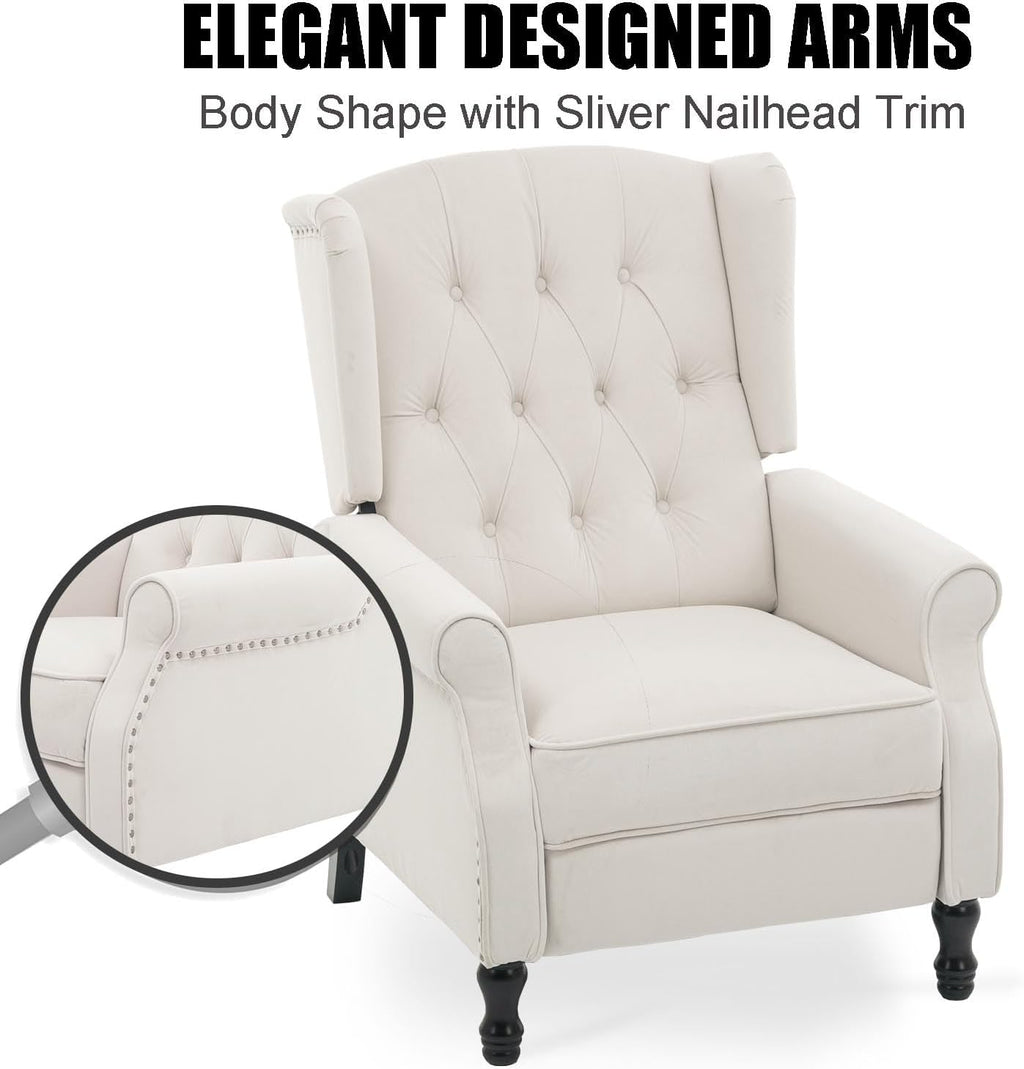 Velvet Accent Chair, Push Back Recliner Chair, Wingback Arm Chair for Living Room/Bedroom/Home Theater/Reception Area, Light Beige