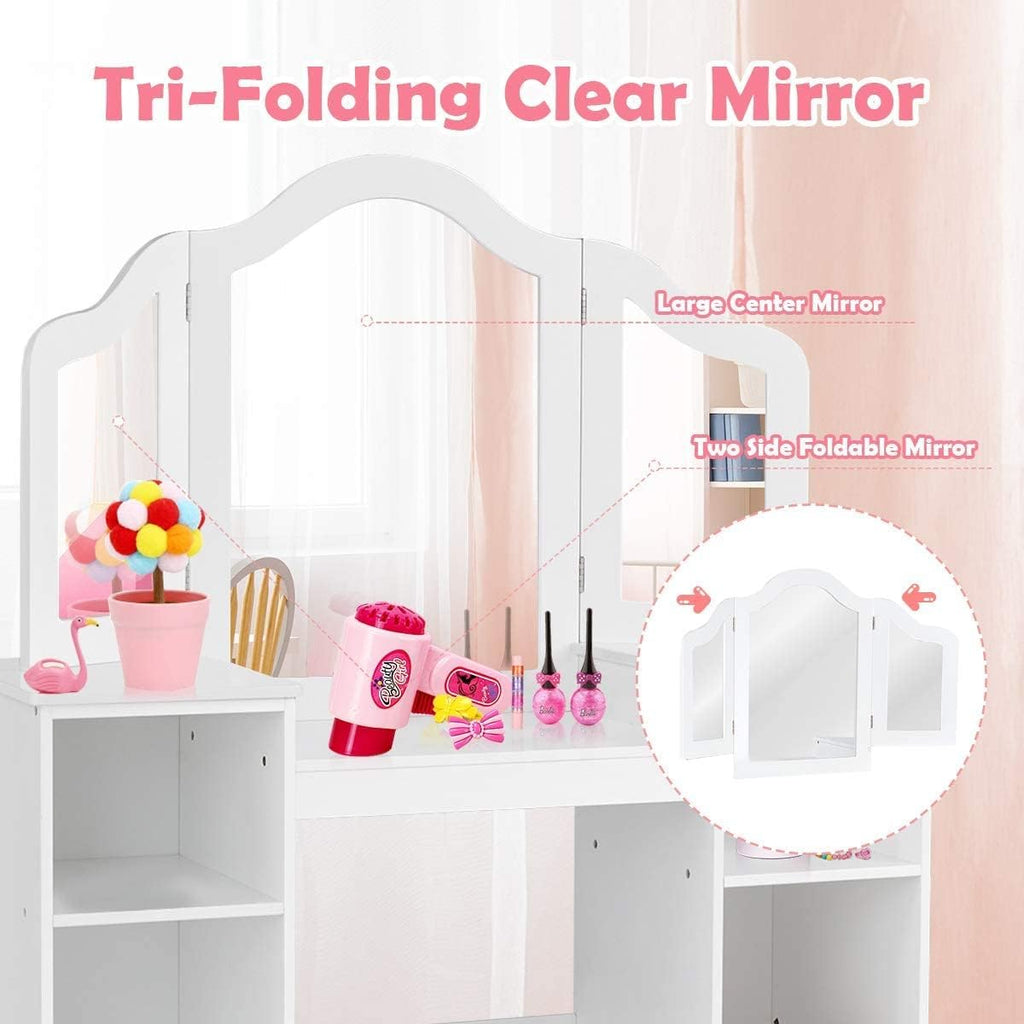 INFANS Kids Vanity, 2 in 1 Princess Makeup Desk Set with Tri-Folding Detachable Mirror, Large Storage Shelves, Wooden Dressing Table,Pretend Play Vanity Set for Girls