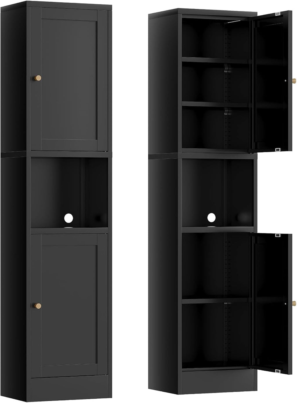 67' Tall Narrow Storage Cabinet with Doors and Open Shelf,Metal Pantry Cabinet,Shaker Style Slim Cabinet with Adjustable Shelves,for Bathroom Kitchen Laundry Small Spaces, Black, 1Pc