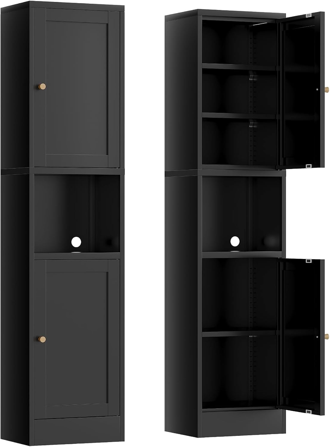 67' Tall Narrow Storage Cabinet with Doors and Open Shelf,Metal Pantry Cabinet,Shaker Style Slim Cabinet with Adjustable Shelves,for Bathroom Kitchen Laundry Small Spaces, Black, 1Pc