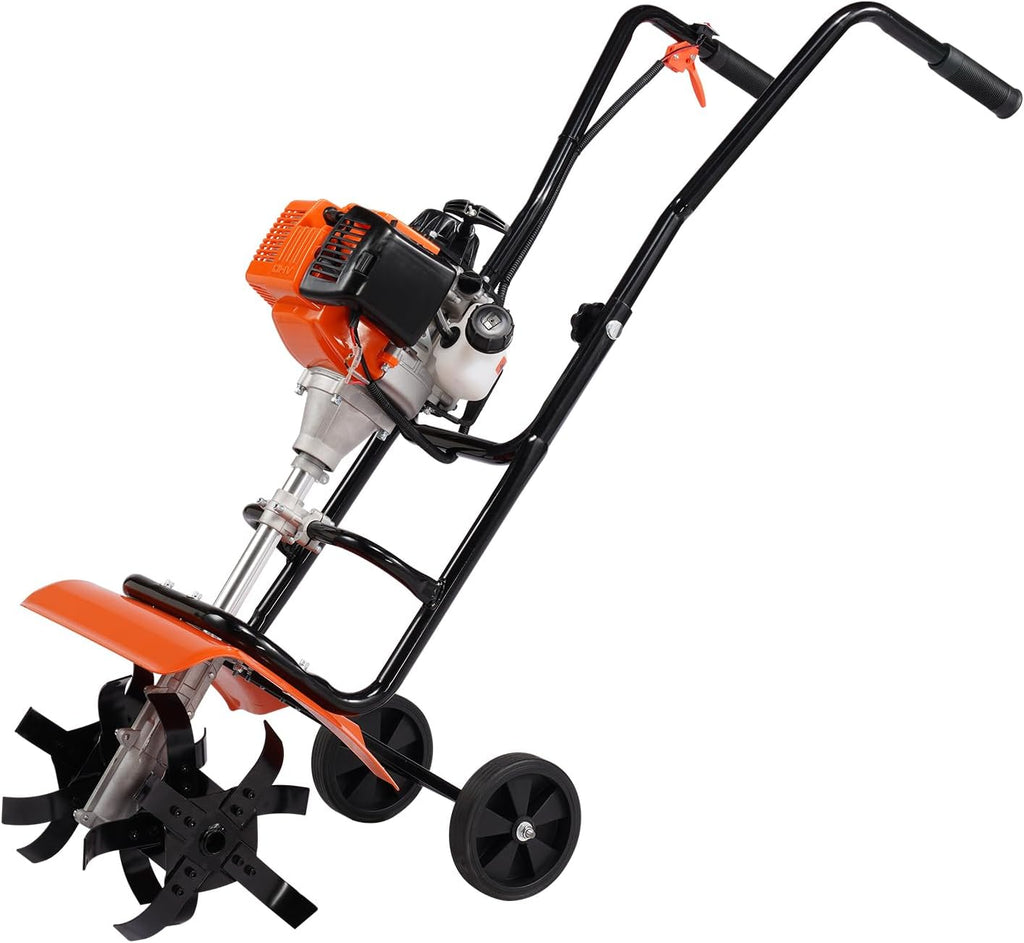 VEVOR Tiller Cultivator, 31CC 4-Stroke Garden Cultivator, Tiller with 4 Steel Adjustable Front Tines for Lawn, Garden and Field Soil Cultivation, Orange