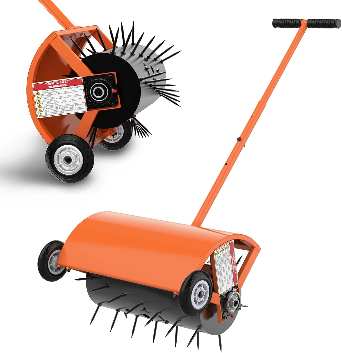 24 Inch Rolling Lawn Aerator, Heavy Duty Manual Aerator Tool, Up to 70 lbs, Push Spike Aeration Tool with 42 Spikes, Suitable for Lawns, Garden, and Yard Grass Aeration [Orange]