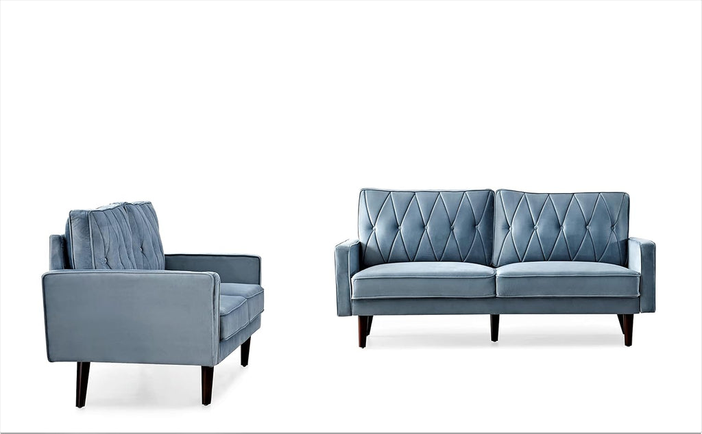 Container Furniture Modern Style Tufted Velvet Couches for Living Room with Soft Fabric Upholstery and Solid Wood Frame, 2 Piece Sofa and Loveseat Set, Light Grayish Cyan