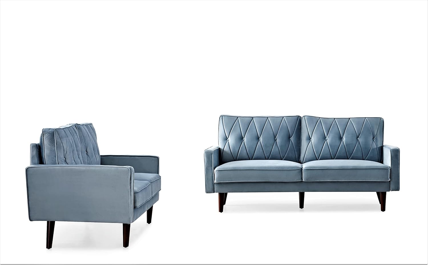 Container Furniture Modern Style Tufted Velvet Couches for Living Room with Soft Fabric Upholstery and Solid Wood Frame, 2 Piece Sofa and Loveseat Set, Light Grayish Cyan