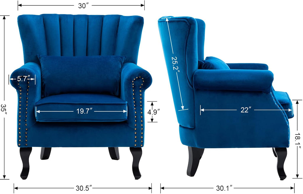 Kmax Blue Accent Chair Velvet Wingback Chair with Pillow Nail-Head Channel Tufted Oversized Club Chair for Living Room Bedroom Guest Room