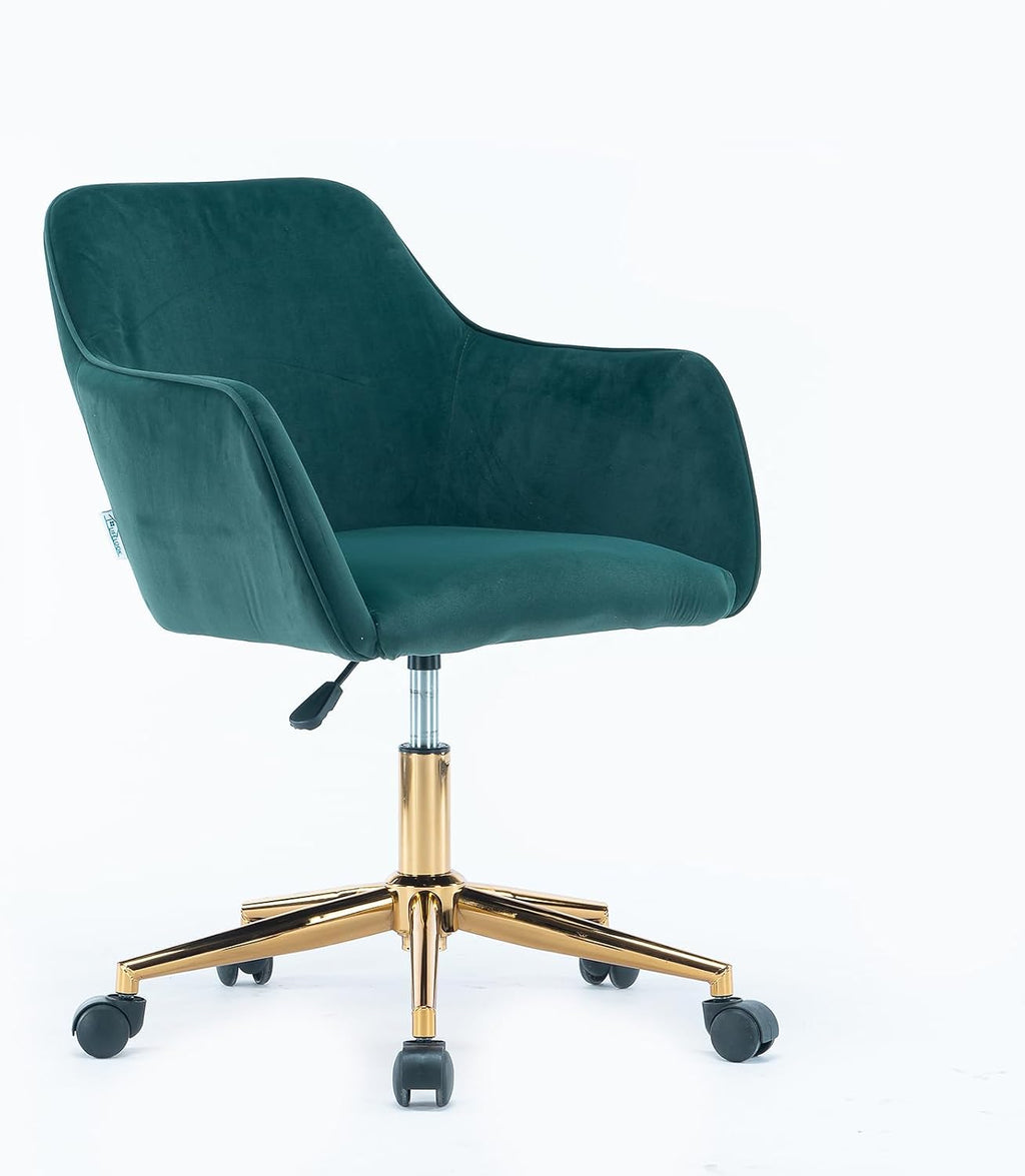 6955624348851 Modern Velvet, Height Adjustable, 360° Swivel Office Chair, Upholstered Cosmetic Dresser Armchair with Metal Feet and Backrest, Bedroom Furniture Dark Green