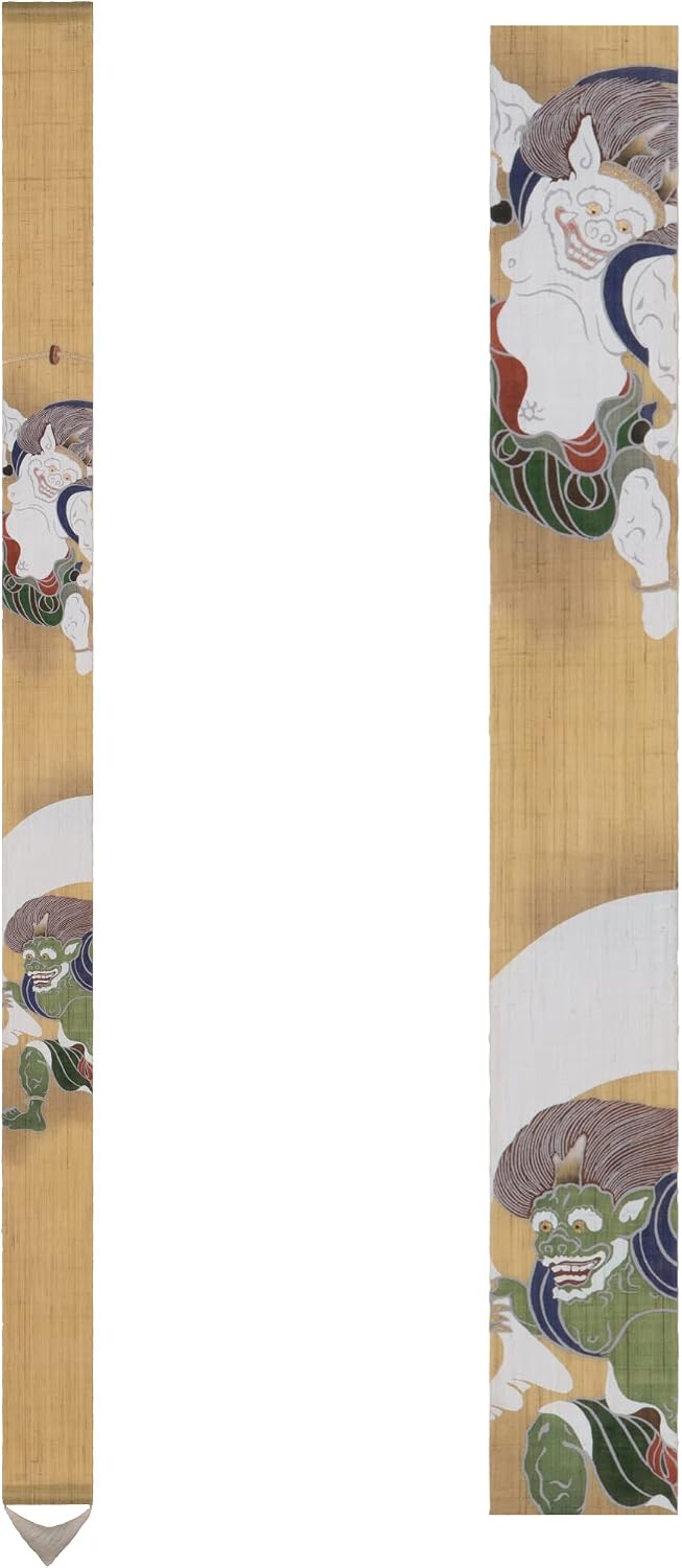KYOTO RAKUSHIAN Japanese Wall Tapestry Hanging Scroll (Fujin Raijin/Sotatsu Tawaraya) Mini Long and Narrow/Made in Japan Linen 100% Japanese Asian Oriental Room Home Bedroom Aesthetic Decor