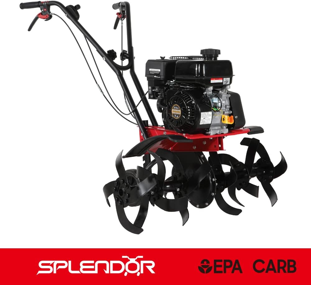 SPLENDOR Gas Powered Tiller 4 Cycle 212CC Working Width 13in-22in-33.5in Total Two Packages