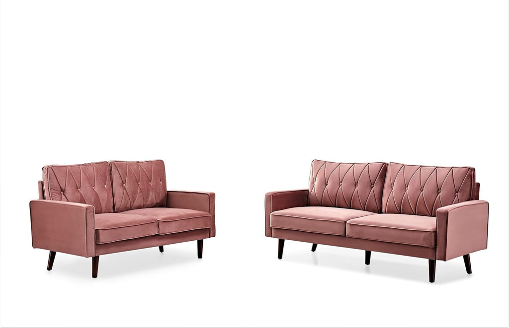 Container Furniture Modern Style Tufted Velvet Couches for Living Room with Soft Fabric Upholstery and Solid Wood Frame, 2 Piece Sofa and Loveseat Set, Rose