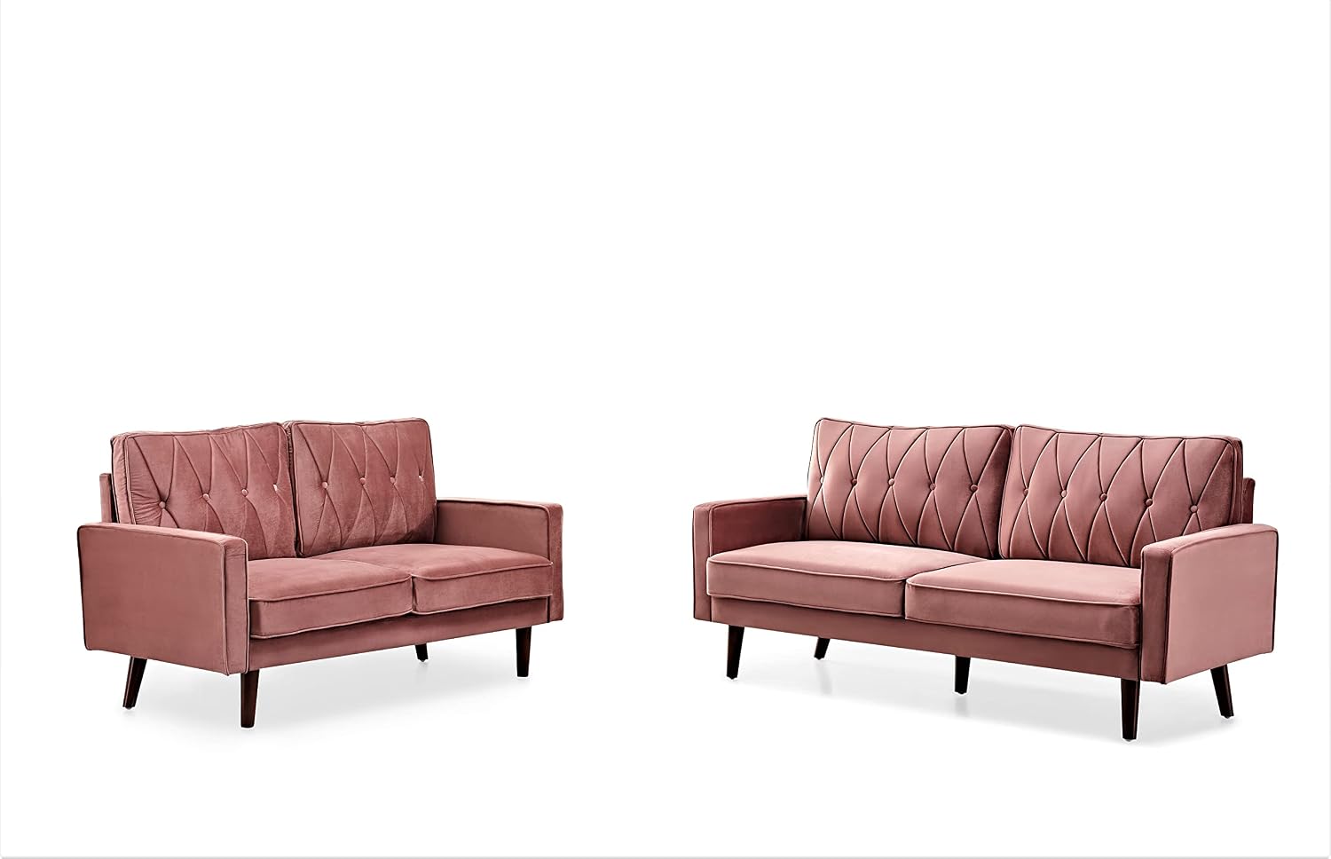 Container Furniture Modern Style Tufted Velvet Couches for Living Room with Soft Fabric Upholstery and Solid Wood Frame, 2 Piece Sofa and Loveseat Set, Rose