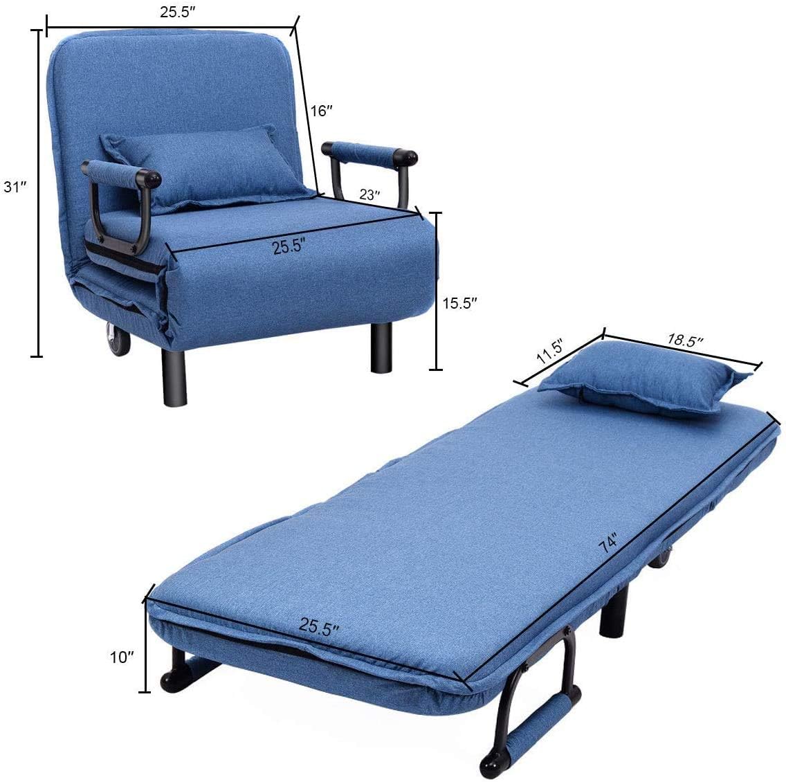 LDAILY Moccha 26.5' Folding Convertible Sofa Bed Arm Chair Sleeper Leisure Recliner Lounge Couch for Living Room, Bedroom, Office (Blue)