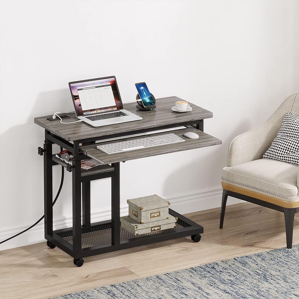 LITTLE TREE Small Computer Desk with Power Outlet, Heigh Adjustable Laptop Desk, Portable Desk for Home Office, Sofa Couch Bedside Laptop Table with Wheels, Perfect Petite Bureau de Travail