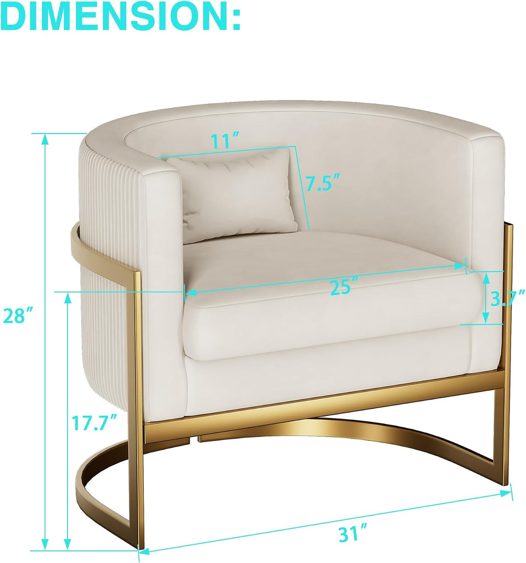 Velvet Accent Chair Modern Barrel Chair with Gold Legs Upholstered Armchair for Bedroom Living Room Sofa Chair Club Side Chairs Ivory