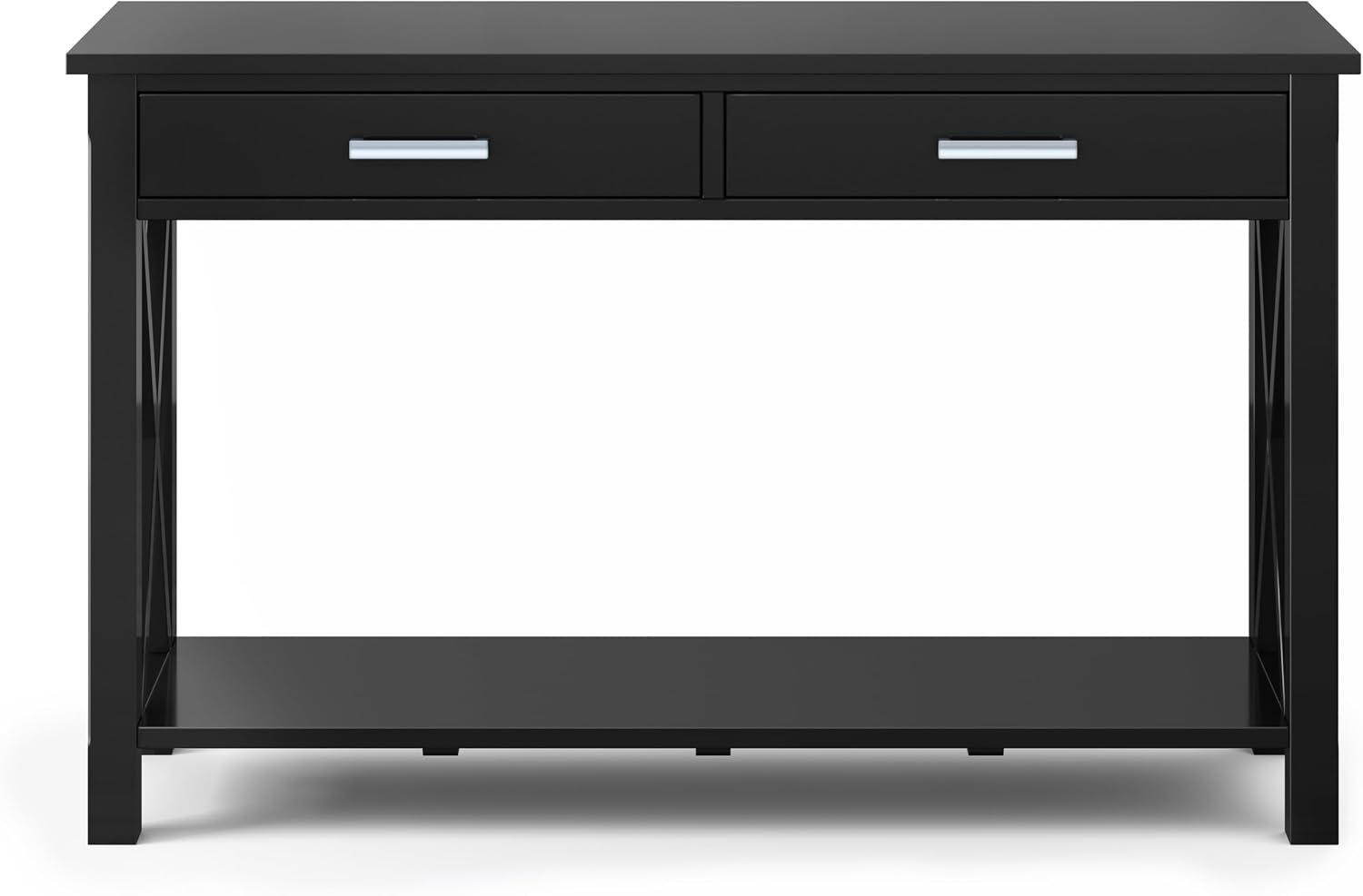 SIMPLIHOME Kitchener Console Table - 47 Inch Wide Solid Wood Sofa Table in Black, Contemporary Storage Table for Entryway or Living Room with 2 Drawers, Bottom Shelf, and X-Design Side Panels