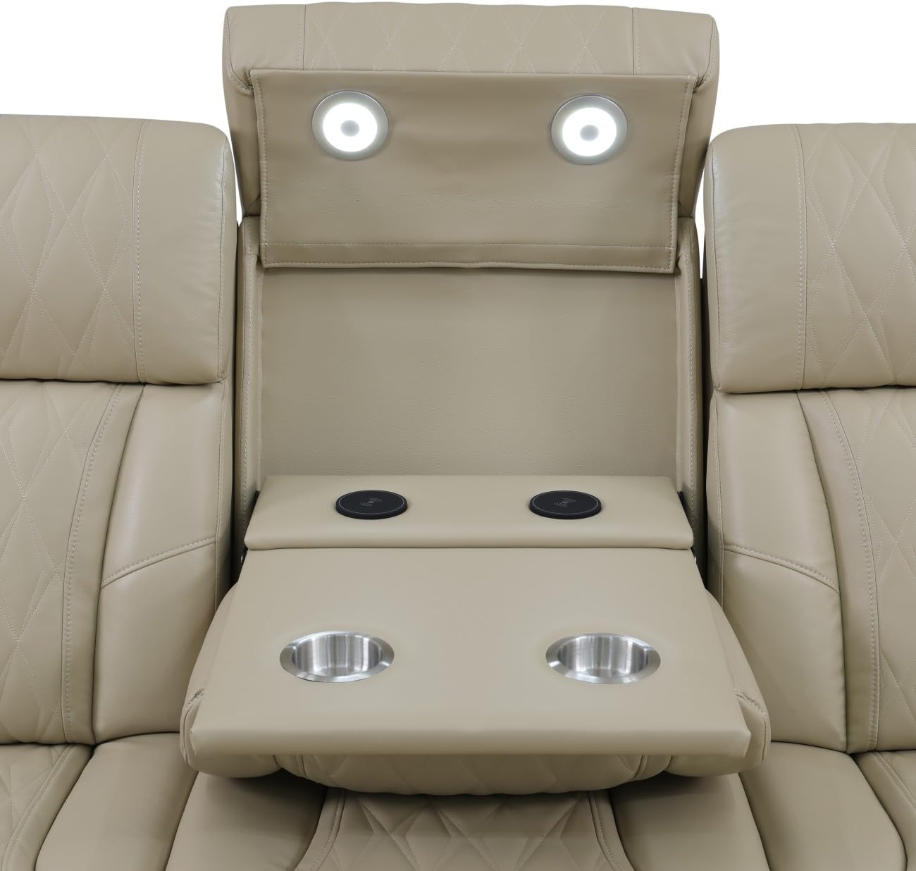 Reclining Sectional, Power Sectional Couch, Leather Sofa Set for Living Room, Comfy Home Theater Seating with USB 2.0 Charging Ports, LED Light Strips, Fold-Down Table & Cupholders (Beige)