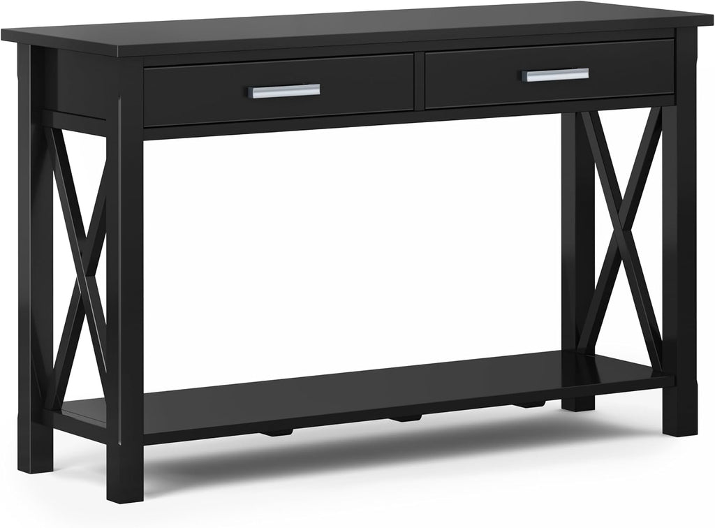 SIMPLIHOME Kitchener Console Table - 47 Inch Wide Solid Wood Sofa Table in Black, Contemporary Storage Table for Entryway or Living Room with 2 Drawers, Bottom Shelf, and X-Design Side Panels