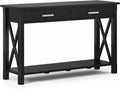 SIMPLIHOME Kitchener Console Table - 47 Inch Wide Solid Wood Sofa Table in Black, Contemporary Storage Table for Entryway or Living Room with 2 Drawers, Bottom Shelf, and X-Design Side Panels