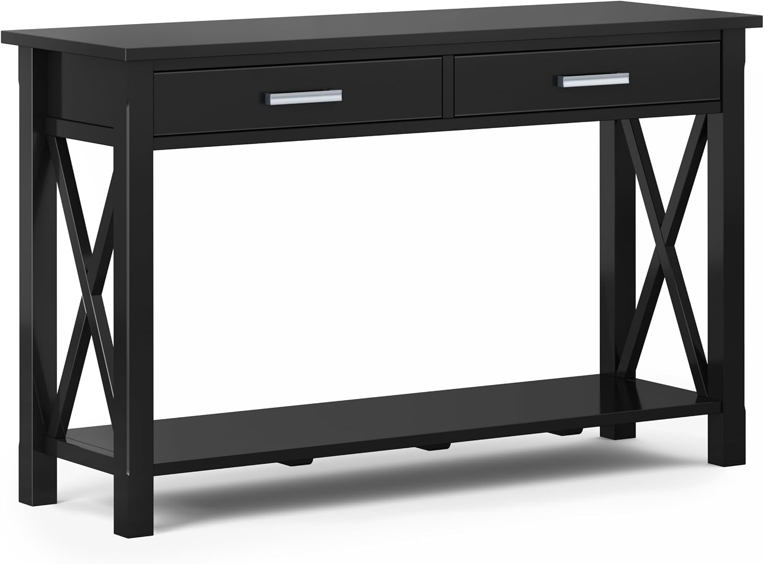 SIMPLIHOME Kitchener Console Table - 47 Inch Wide Solid Wood Sofa Table in Black, Contemporary Storage Table for Entryway or Living Room with 2 Drawers, Bottom Shelf, and X-Design Side Panels