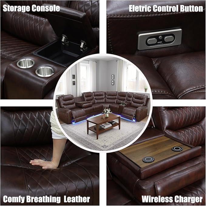 Living Room Furniture Set, Power Reclining Sofa Set, Air Leather Recliners with Built-in USB Ports and Storage Console, LED Reclining Couch Set for Living Room (Wine, Sectional)