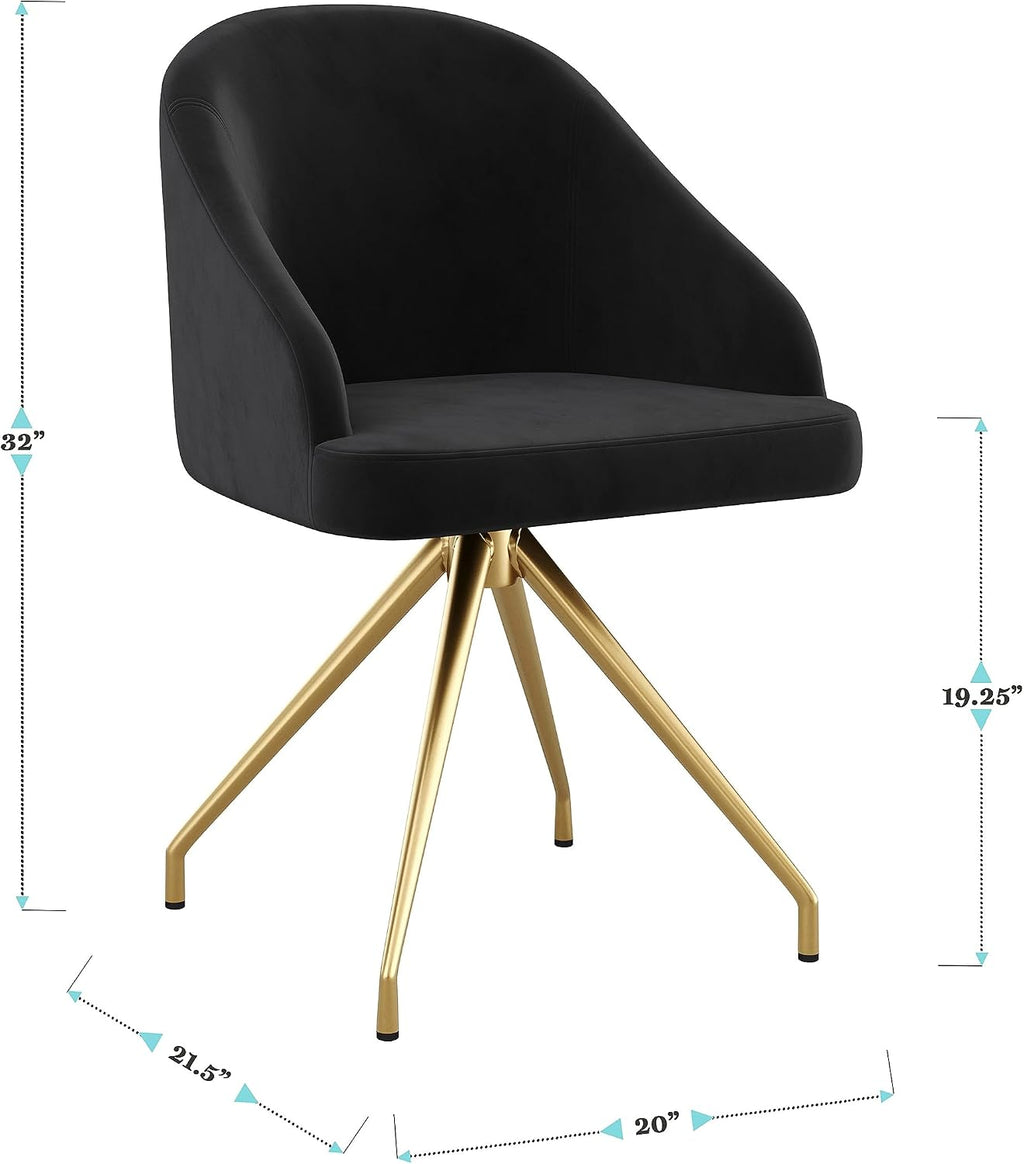 Martha Stewart Sora Stationary Swivel Task Chair with Sloped Arms for Home Office in Black Velvet with Polished Brass Frame